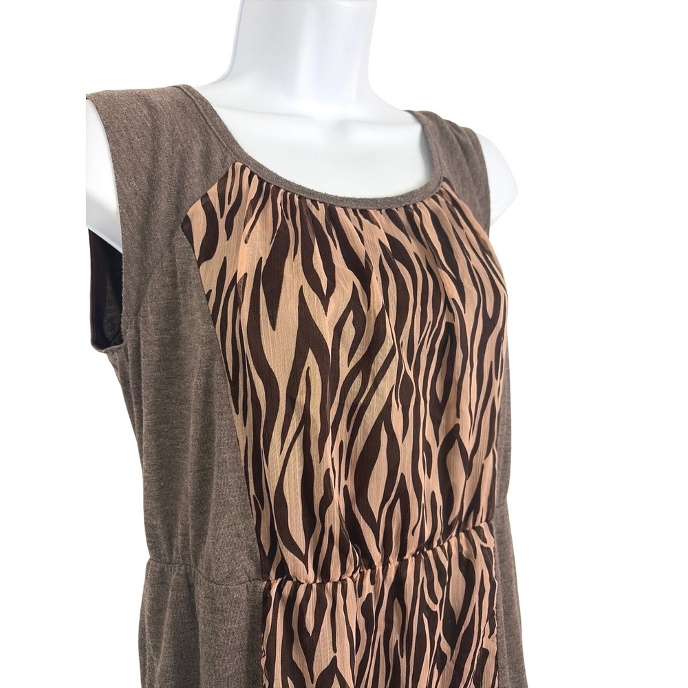 Theme Womens Zebra Animal Print Tunic Dress Mixed Media Brown Tan Short M - Picture 2 of 7